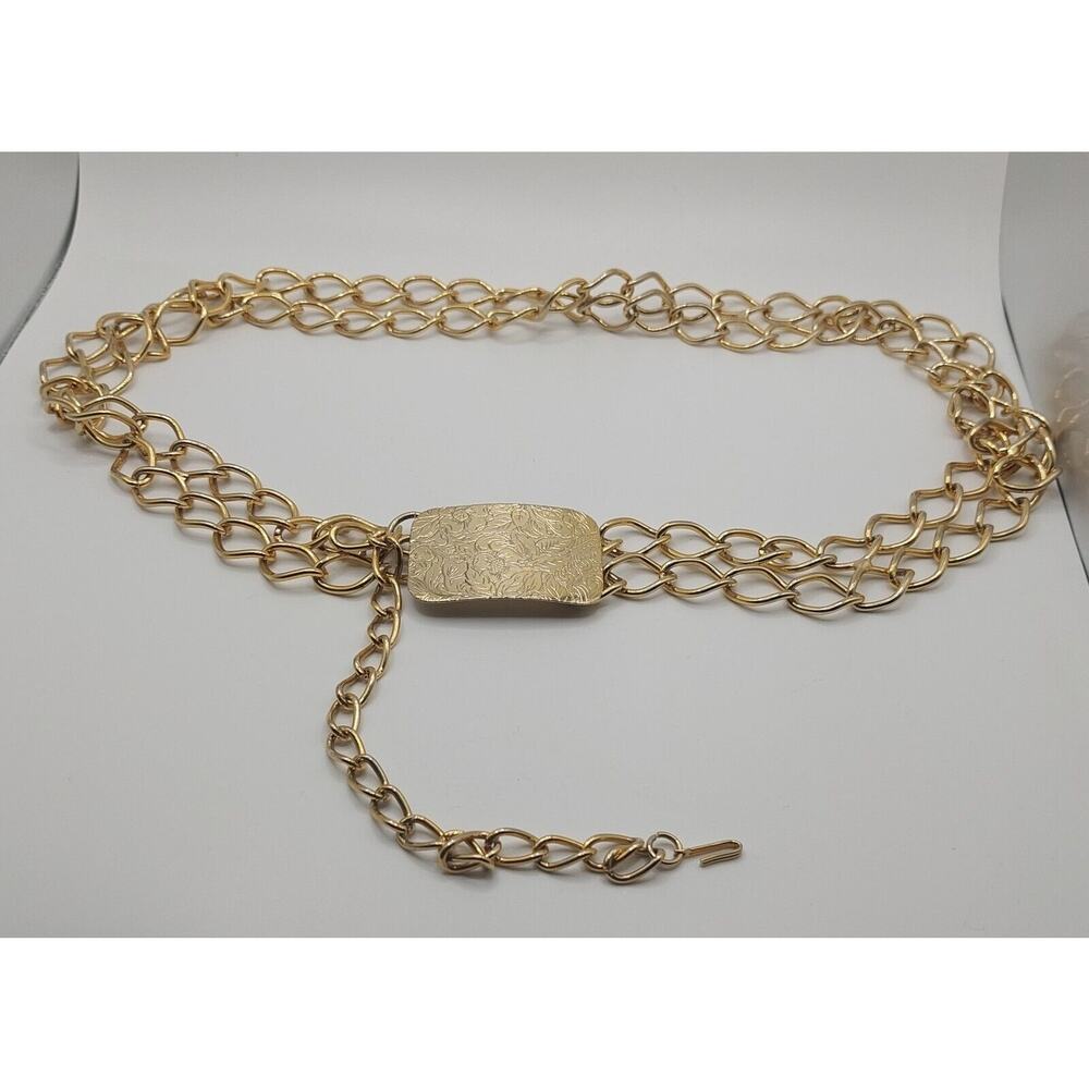 WOMENS Vintage Retro Gold Tone Belt Double Link Buckle With Floral Design 37"